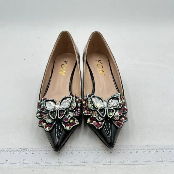 YDN Women Pointed Toe Bow Pump Colorful Rhinestone Block Low Heel Butterfly