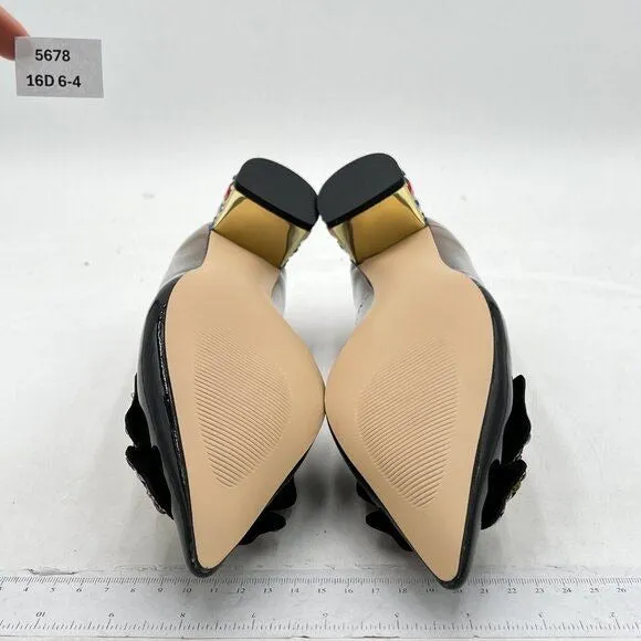 YDN Women Pointed Toe Bow Pump Colorful Rhinestone Block Low Heel Butterfly