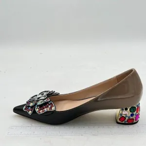 YDN Women Pointed Toe Bow Pump Colorful Rhinestone Block Low Heel Butterfly