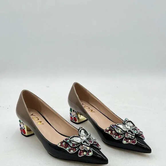 YDN Women Pointed Toe Bow Pump Colorful Rhinestone Block Low Heel Butterfly
