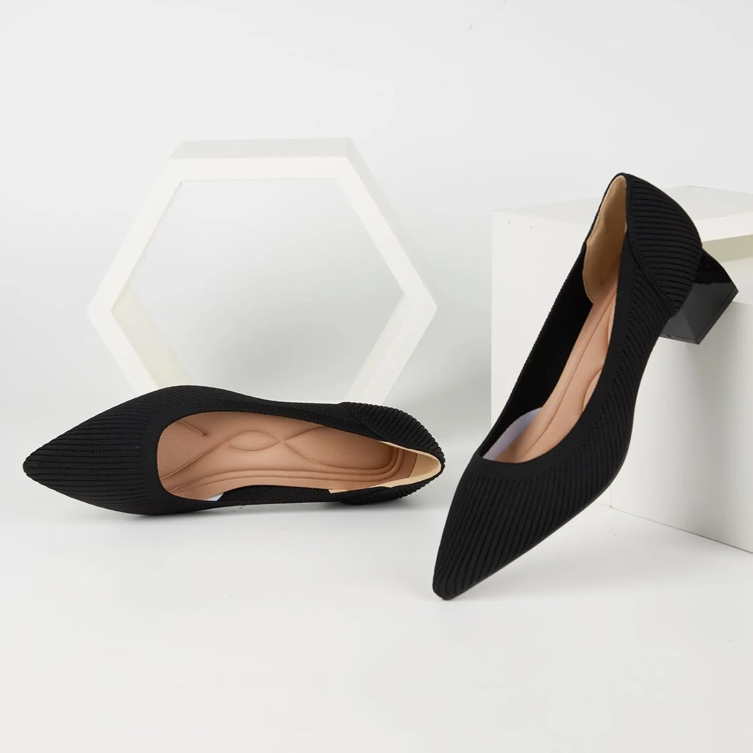 YEOJOU Heels for Women Knit Pointed Toe Women Pump Shoes Low Heel Comfortable Womens Dress Shoes Work