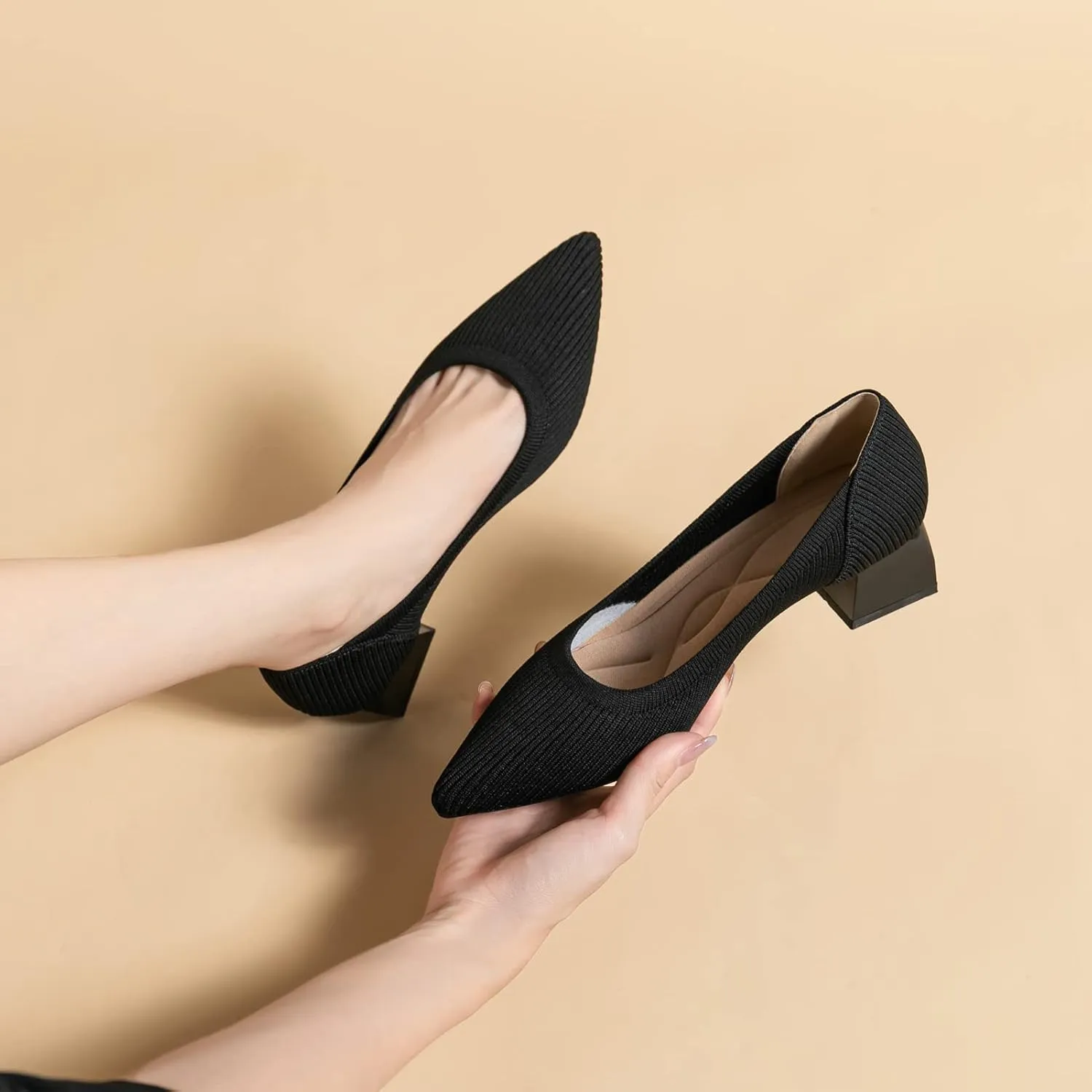 YEOJOU Heels for Women Knit Pointed Toe Women Pump Shoes Low Heel Comfortable Womens Dress Shoes Work
