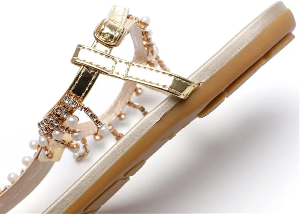 Youllyuu Women Flats Sandals Rhinestone Pearls Fringed T-Strap Summer Peep Toe Flip Flops Beach Slippers