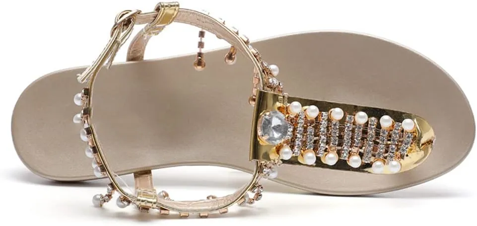 Youllyuu Women Flats Sandals Rhinestone Pearls Fringed T-Strap Summer Peep Toe Flip Flops Beach Slippers