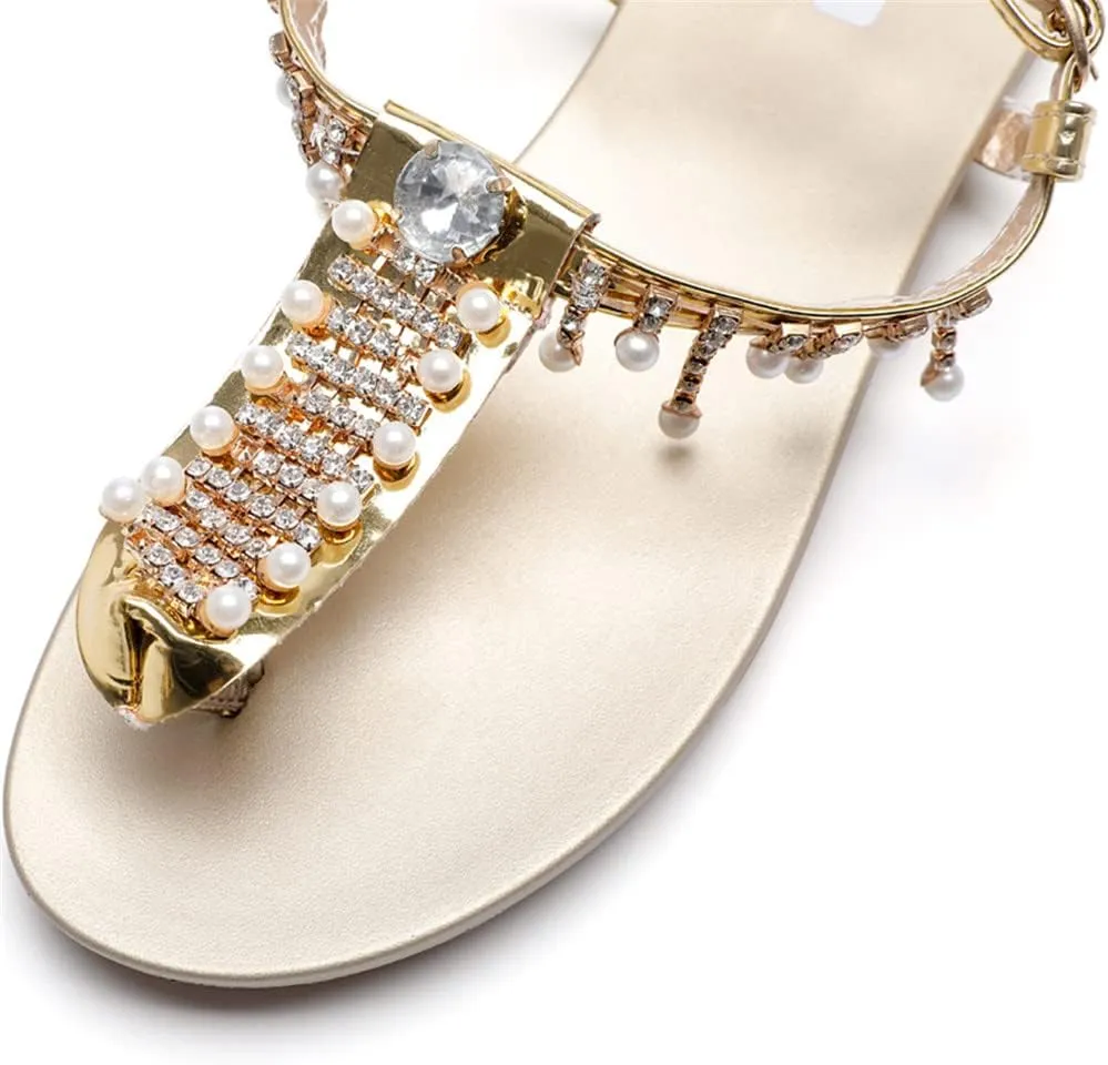 Youllyuu Women Flats Sandals Rhinestone Pearls Fringed T-Strap Summer Peep Toe Flip Flops Beach Slippers