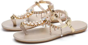 Youllyuu Women Flats Sandals Rhinestone Pearls Fringed T-Strap Summer Peep Toe Flip Flops Beach Slippers