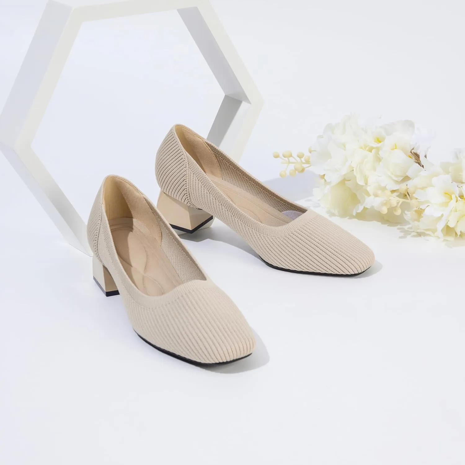 youngshow Womens Pumps Block Heels Square Toe Knit Comfortable Heel for Women Slip On Work Shoes for Woman Dress Classic Shoes Walk Office