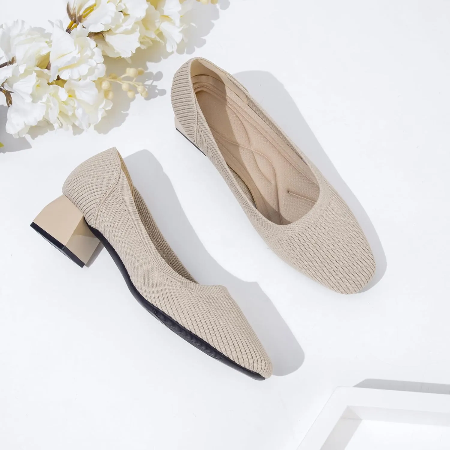 youngshow Womens Pumps Block Heels Square Toe Knit Comfortable Heel for Women Slip On Work Shoes for Woman Dress Classic Shoes Walk Office