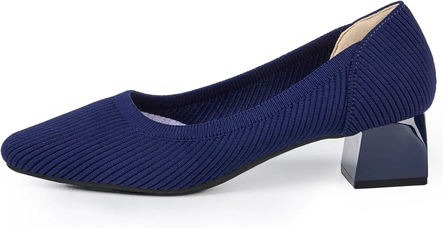 youngshow Womens Pumps Block Heels Square Toe Knit Comfortable Heel for Women Slip On Work Shoes for Woman Dress Classic Shoes Walk Office
