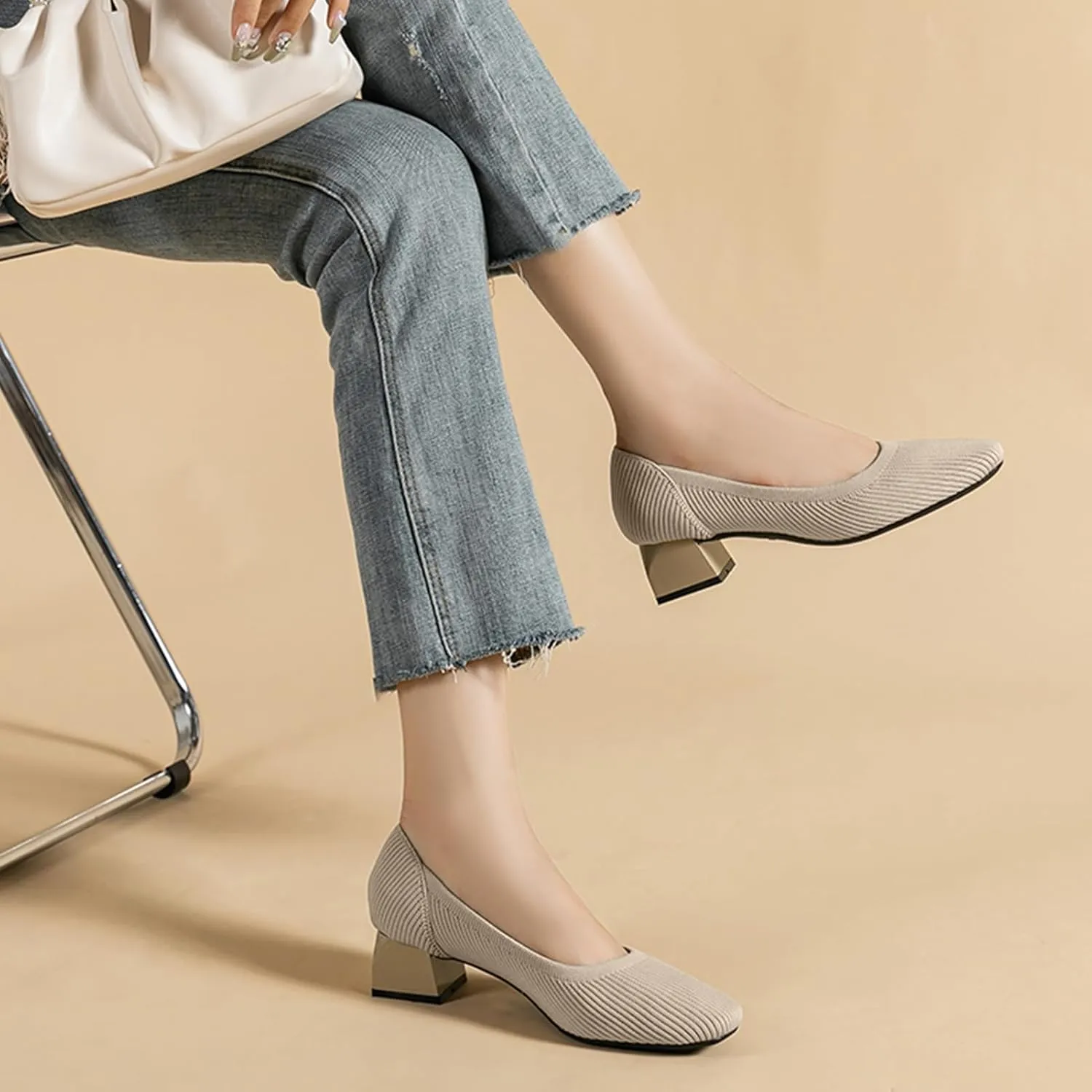 youngshow Womens Pumps Block Heels Square Toe Knit Comfortable Heel for Women Slip On Work Shoes for Woman Dress Classic Shoes Walk Office