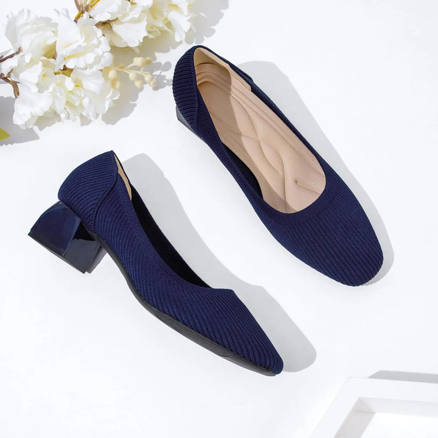 youngshow Womens Pumps Block Heels Square Toe Knit Comfortable Heel for Women Slip On Work Shoes for Woman Dress Classic Shoes Walk Office