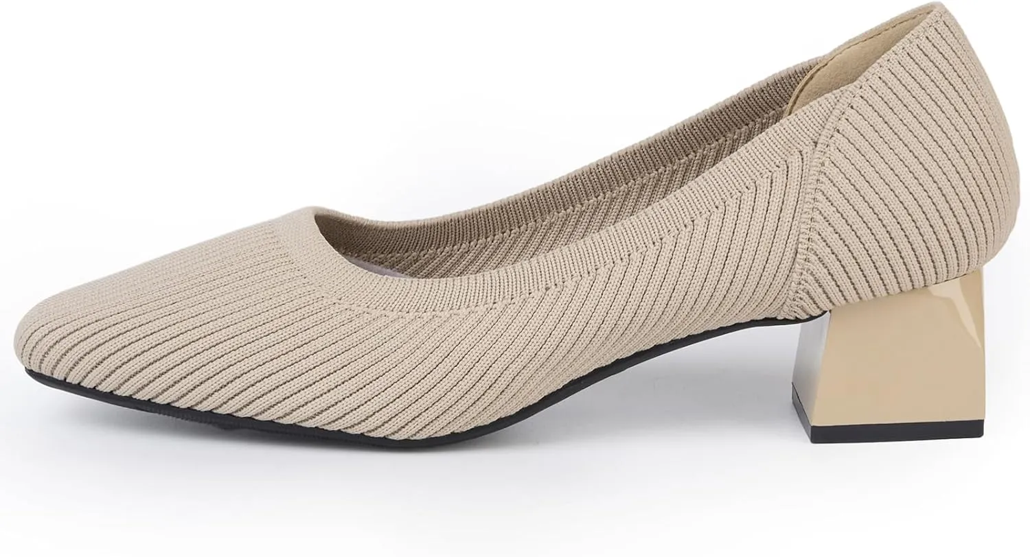 youngshow Womens Pumps Block Heels Square Toe Knit Comfortable Heel for Women Slip On Work Shoes for Woman Dress Classic Shoes Walk Office
