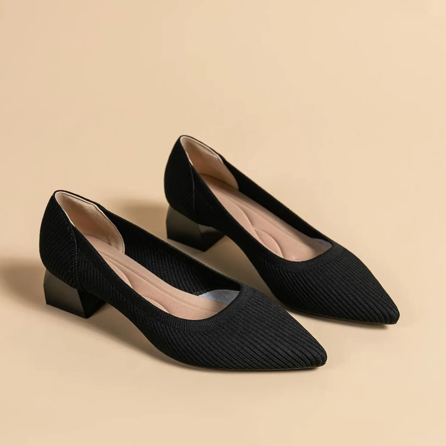youngshow Women's Pumps Kitten Heels Pointed Toe Knit Slip On Comfortable Casual Formal Dress Shoes