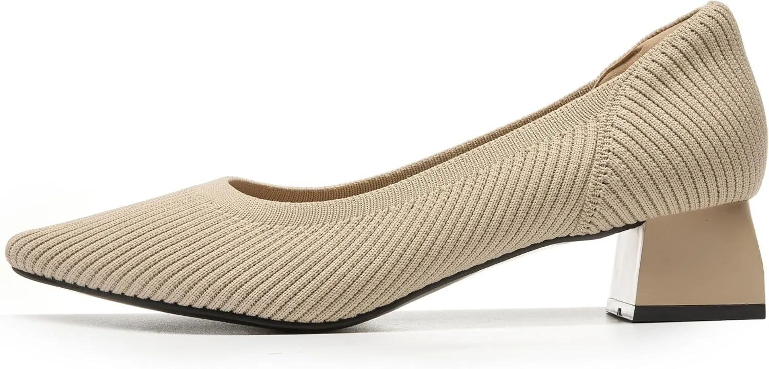 youngshow Women's Pumps Kitten Heels Pointed Toe Knit Slip On Comfortable Casual Formal Dress Shoes