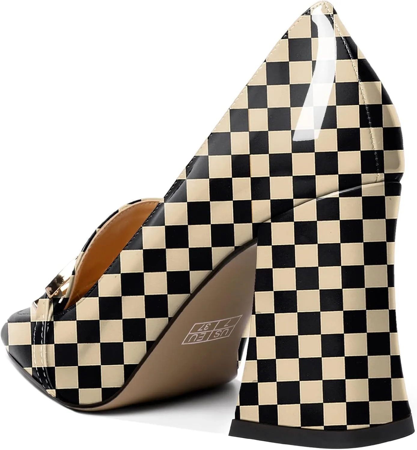 Zamikoo Women Chunky Heel Pumps Block High Heel Slip On Heeled Metal Buckle Loafers Closed Square Toe Dress Pumps for Work Casual Daily Life Party Dress