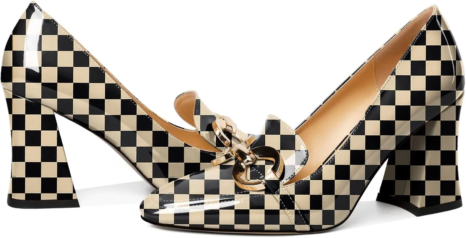Zamikoo Women Chunky Heel Pumps Block High Heel Slip On Heeled Metal Buckle Loafers Closed Square Toe Dress Pumps for Work Casual Daily Life Party Dress