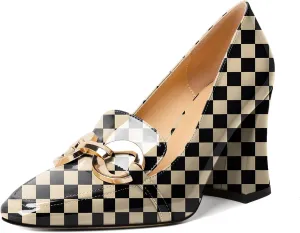 Zamikoo Women Chunky Heel Pumps Block High Heel Slip On Heeled Metal Buckle Loafers Closed Square Toe Dress Pumps for Work Casual Daily Life Party Dress