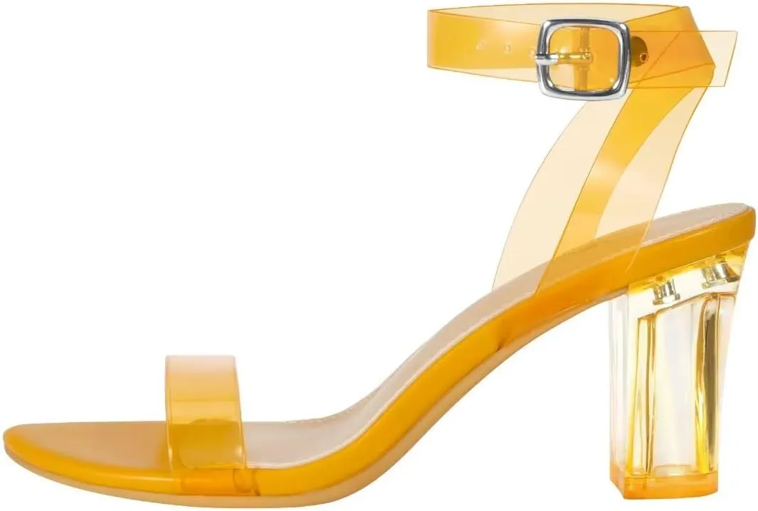ZriEy Women's Clear Heels Chunky Block Mid High Heeled Sandals Open Toe Transparent Ankle Strap Dress Pump Shoes for Women in Daily Wear Party Wedding