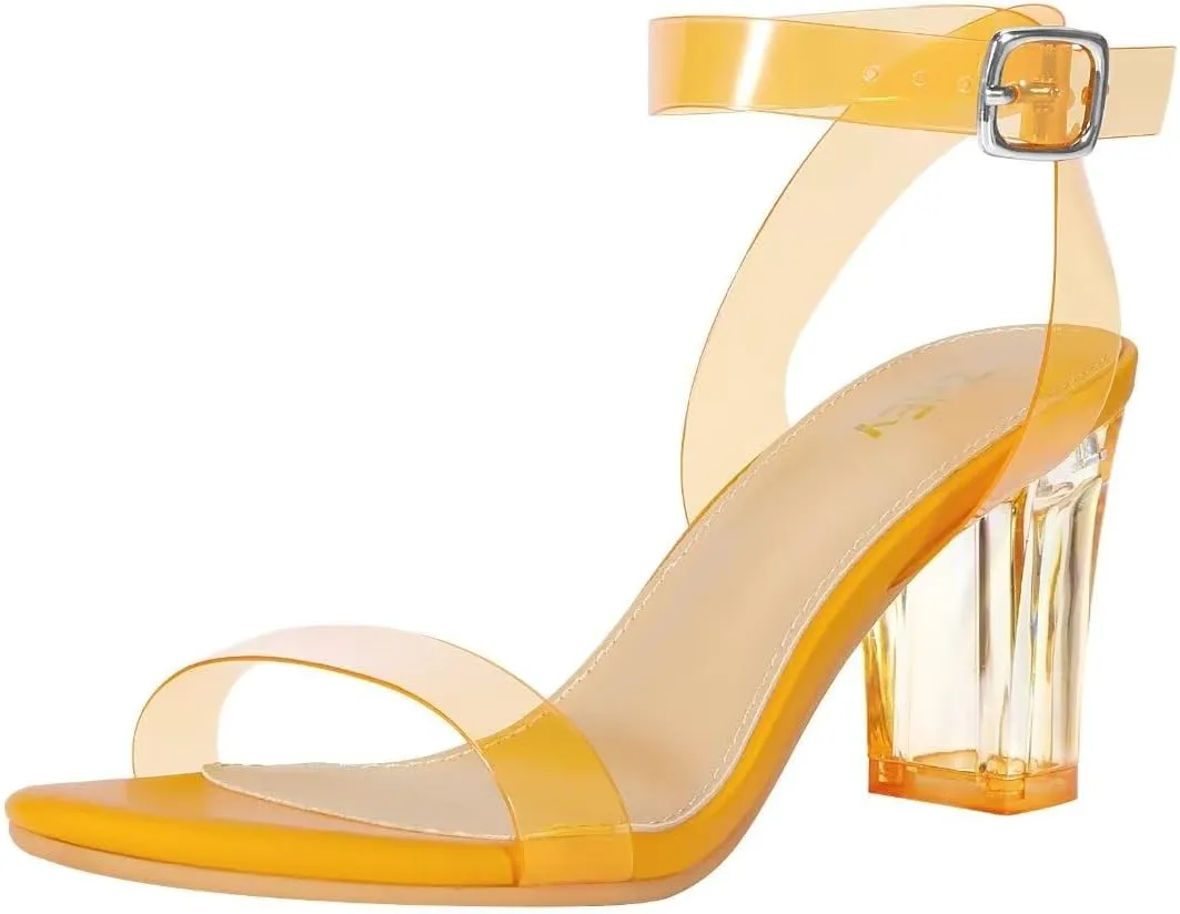 ZriEy Women's Clear Heels Chunky Block Mid High Heeled Sandals Open Toe Transparent Ankle Strap Dress Pump Shoes for Women in Daily Wear Party Wedding