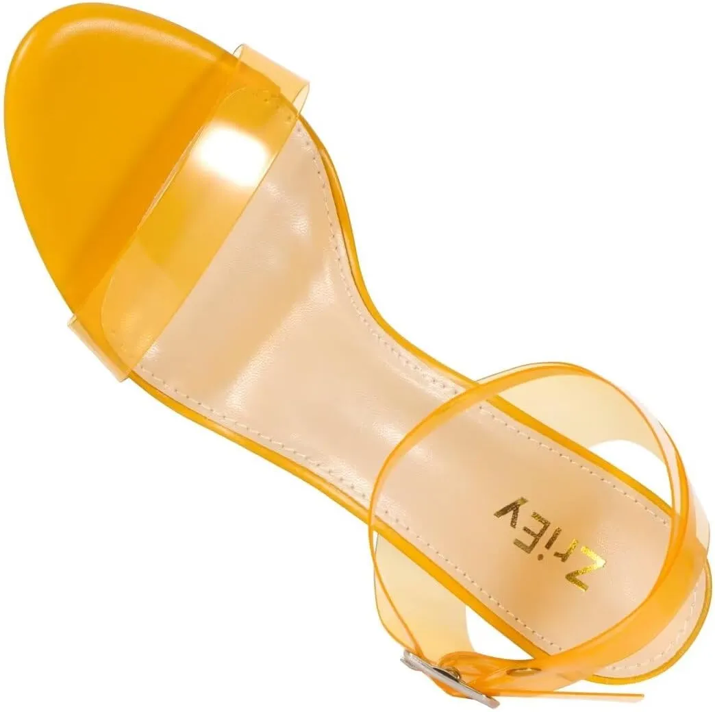 ZriEy Women's Clear Heels Chunky Block Mid High Heeled Sandals Open Toe Transparent Ankle Strap Dress Pump Shoes for Women in Daily Wear Party Wedding