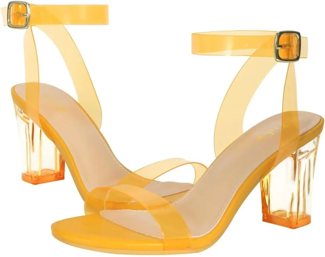 ZriEy Women's Clear Heels Chunky Block Mid High Heeled Sandals Open Toe Transparent Ankle Strap Dress Pump Shoes for Women in Daily Wear Party Wedding